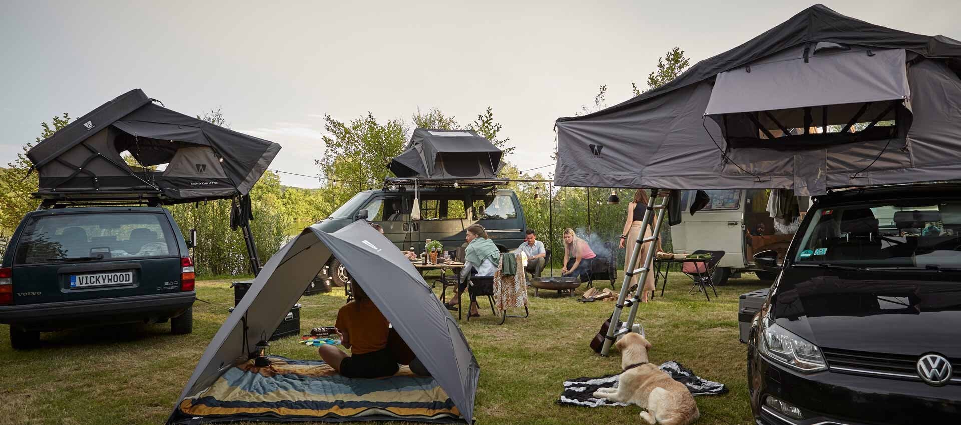 Camp with a few rooftop tents on a meadow.