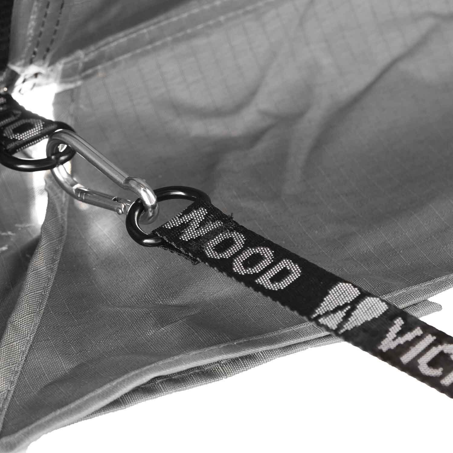 VICKYWOOD Awning CUMARU LIGHT detail with fabric panel and VICKYWOOD logo